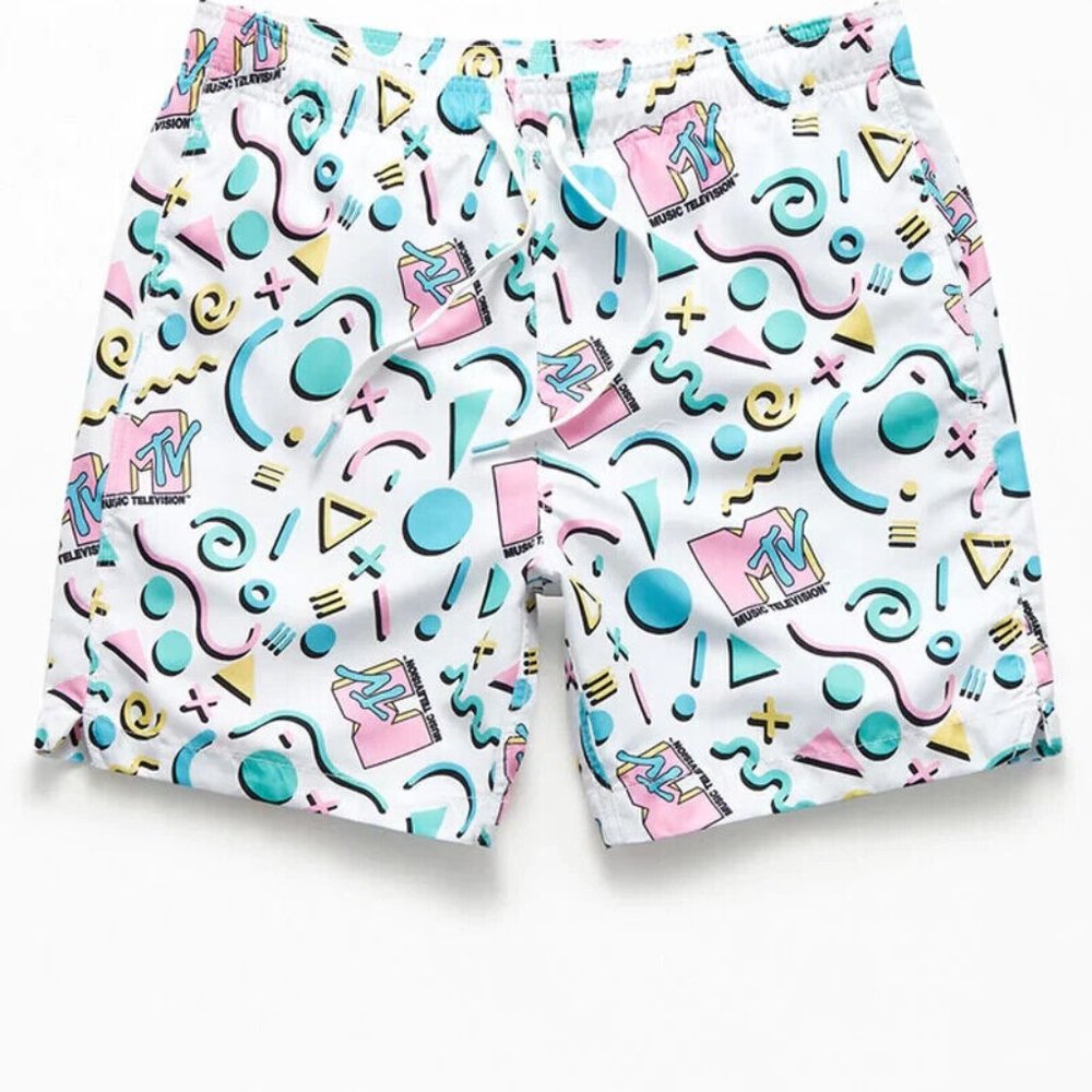 MTV Mens Music Television 17" Swim Trunks Shorts White AOP New With Tags Medium